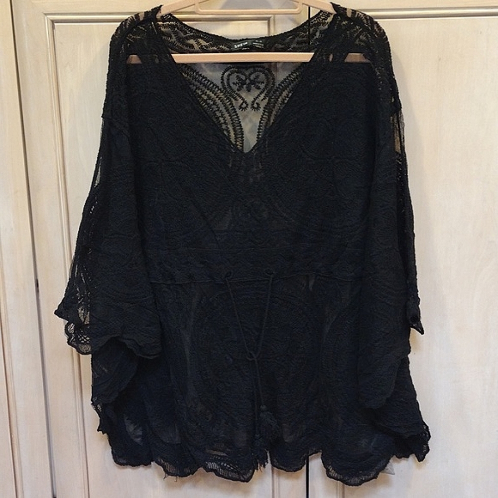 💥Black Stretchy Cotton Lace Batwing Top/ Swim Cover / Cover Up - Picture 7 of 16